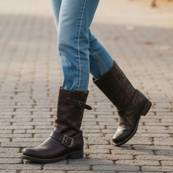 Frye Veronica Slouch Boots Women's 6 B Brown Leather Boho Grunge Moto Buckle - Picture 1 of 16
